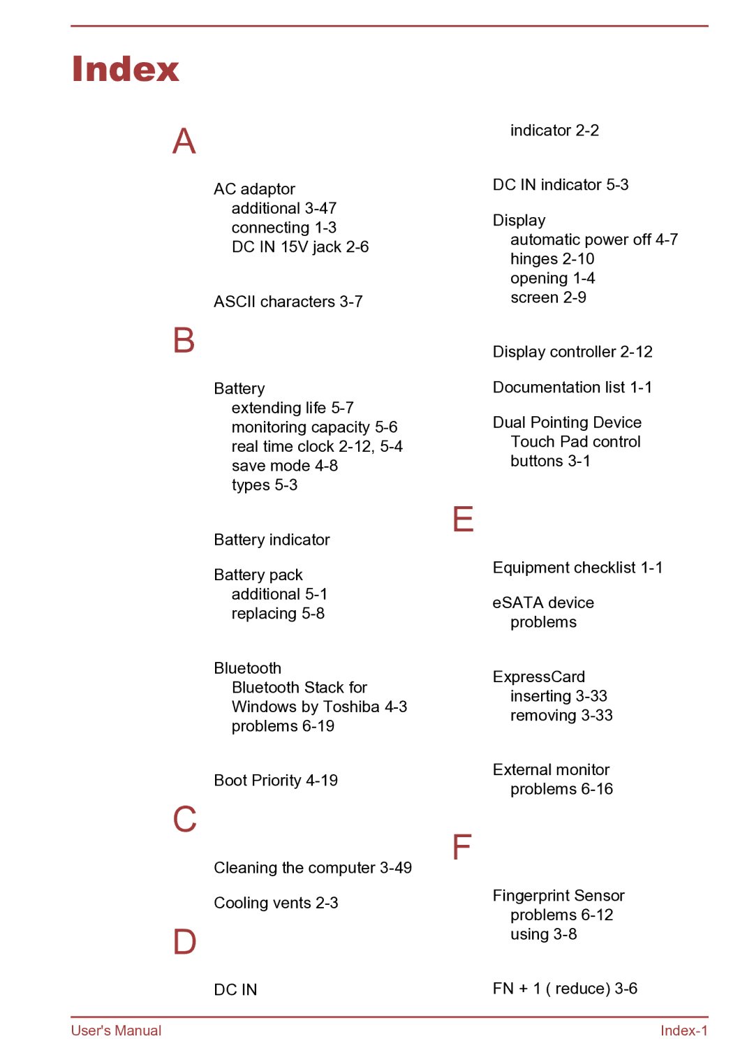 Toshiba Satellite Pro S850 user manual Index 