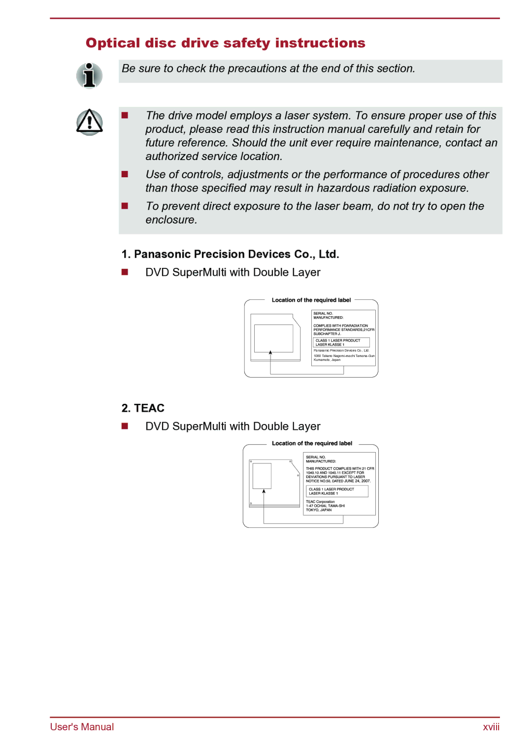 Toshiba Satellite Pro S850 user manual Optical disc drive safety instructions 