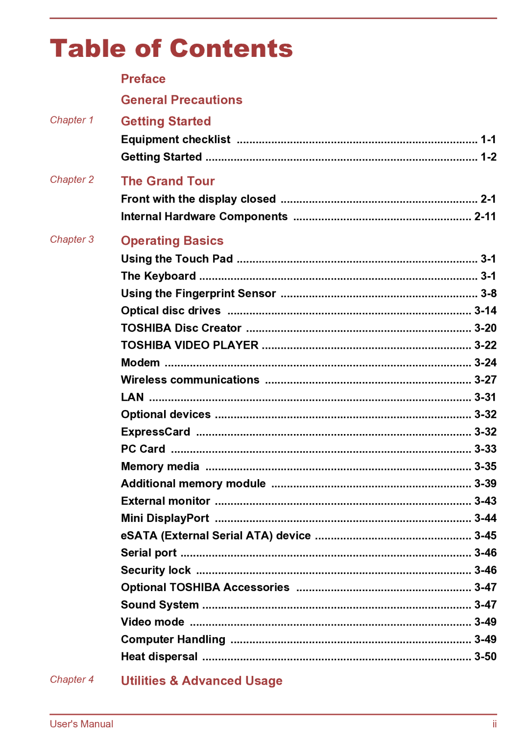 Toshiba Satellite Pro S850 user manual Table of Contents 