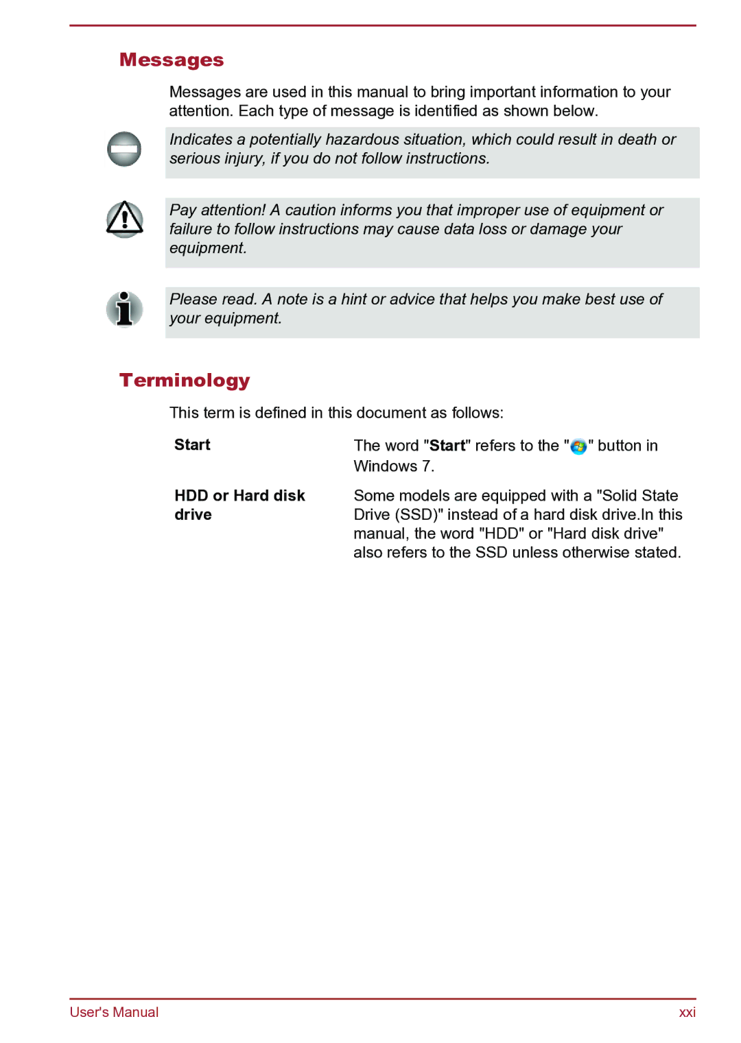 Toshiba Satellite Pro S850 user manual Messages, Terminology, Start Word Start refers to the button 