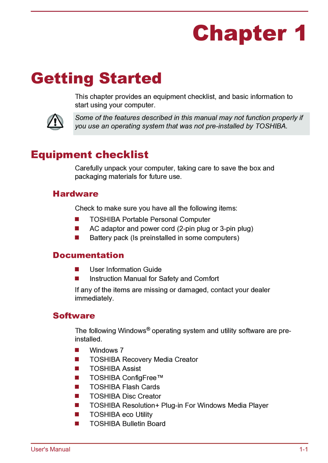 Toshiba Satellite Pro S850 user manual Getting Started, Equipment checklist, Hardware, Documentation, Software 