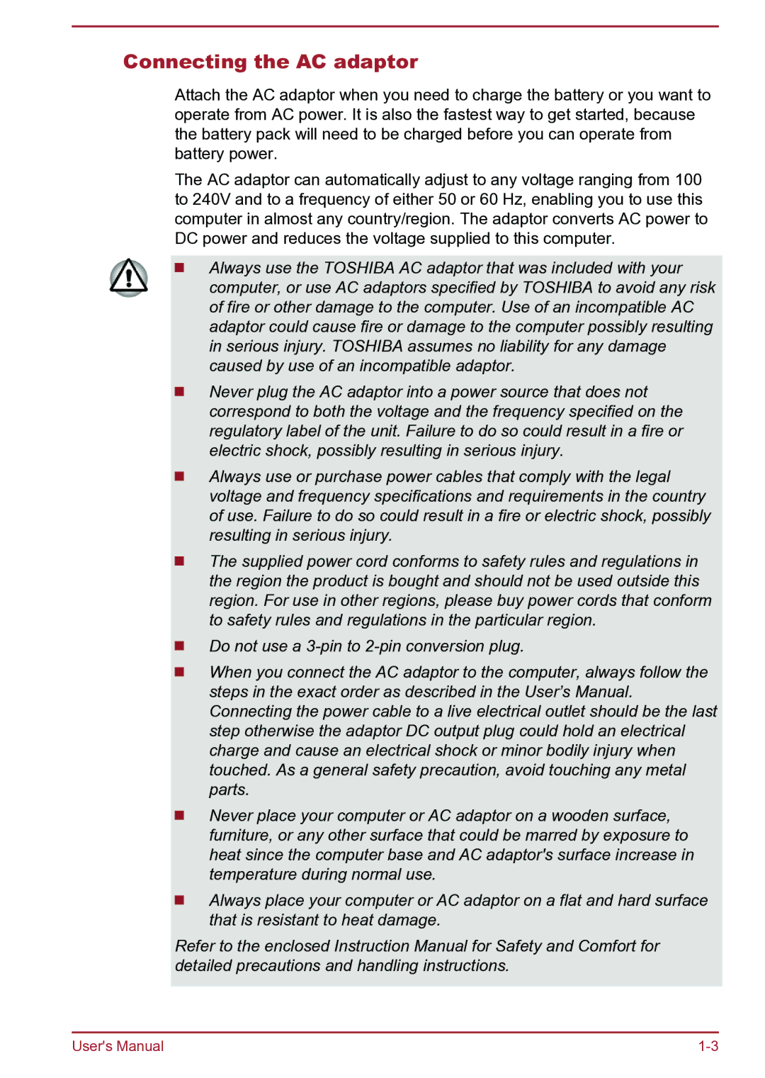 Toshiba Satellite Pro S850 user manual Connecting the AC adaptor 