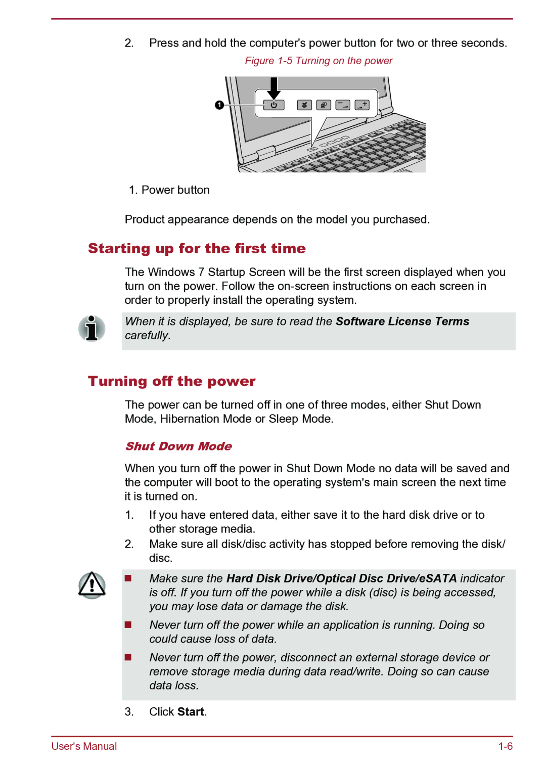 Toshiba Satellite Pro S850 user manual Starting up for the first time, Turning off the power, Shut Down Mode 