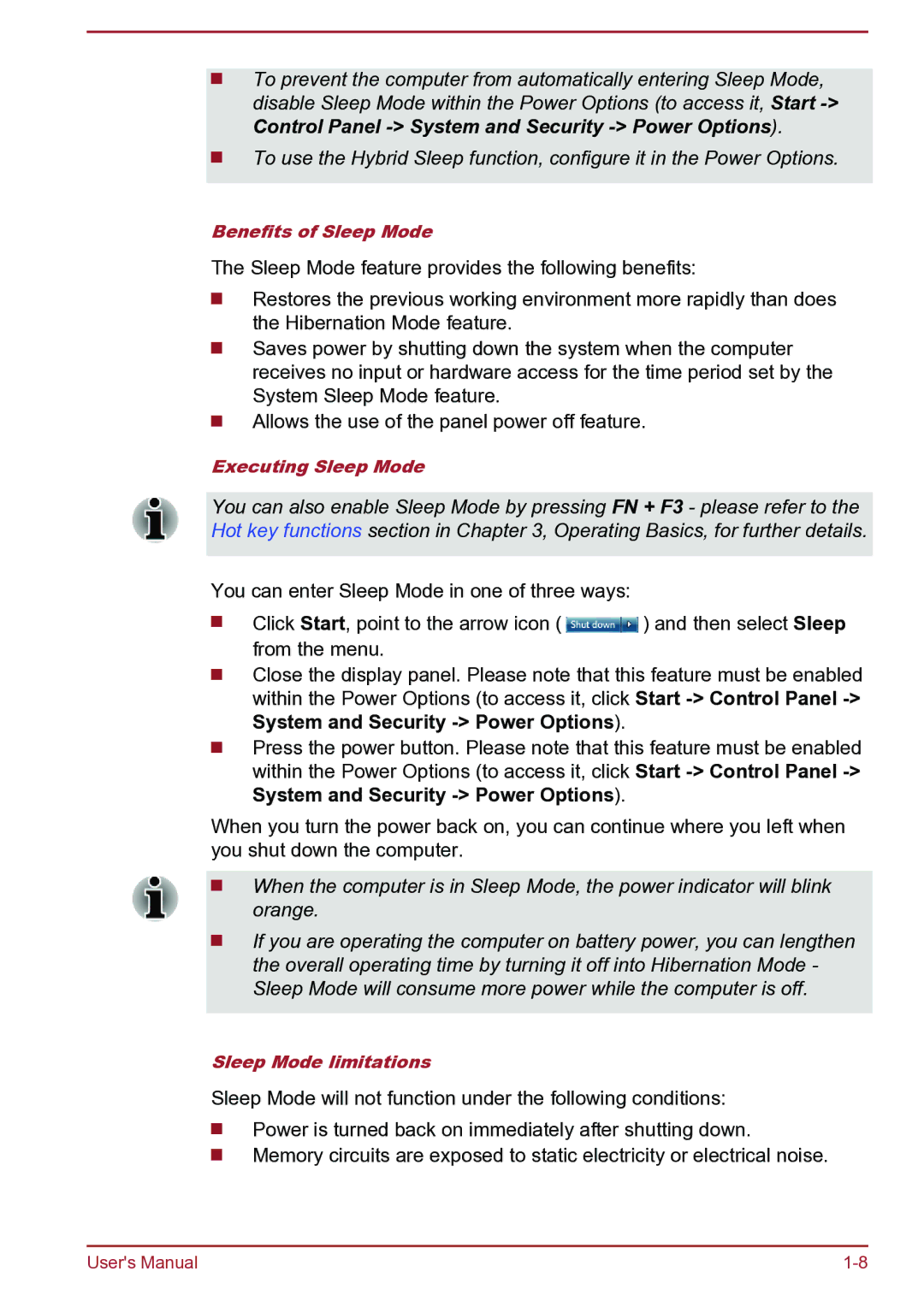 Toshiba Satellite Pro S850 user manual Sleep Mode will not function under the following conditions 