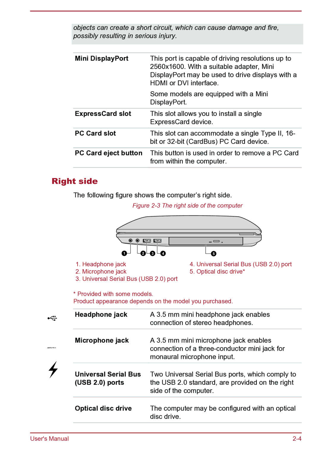 Toshiba Satellite Pro S850 user manual Right side, ExpressCard slot, PC Card slot, PC Card eject button 