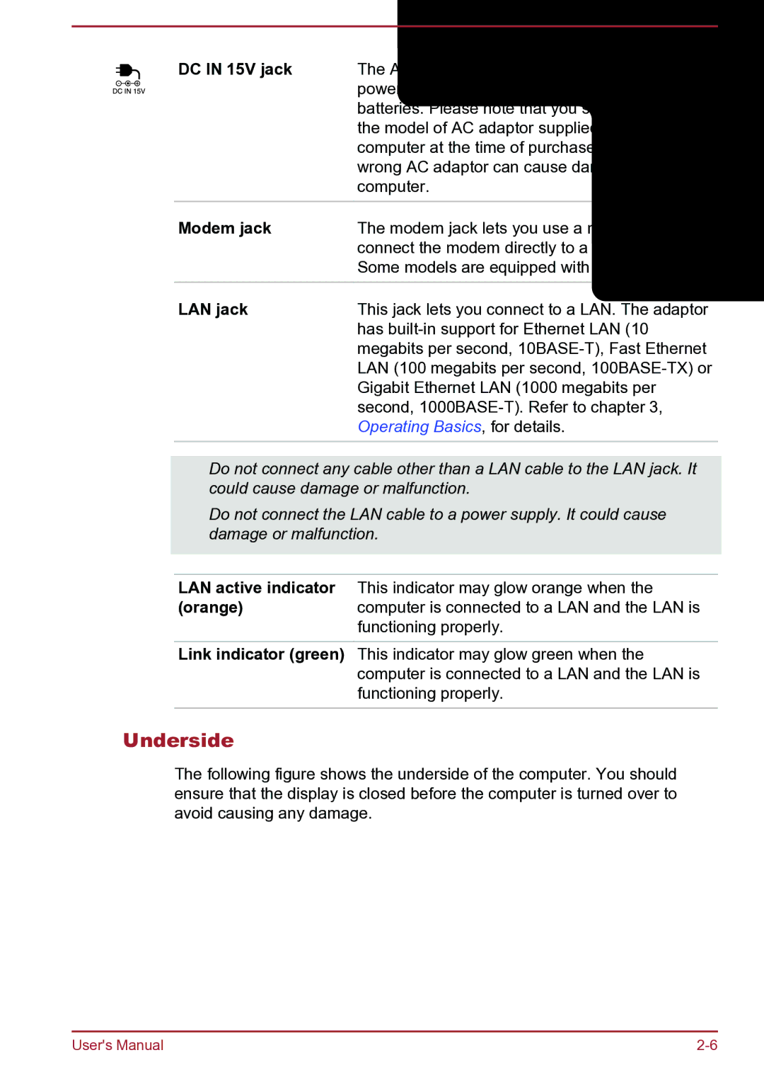 Toshiba Satellite Pro S850 user manual Underside, DC in 15V jack, Modem jack, LAN jack 