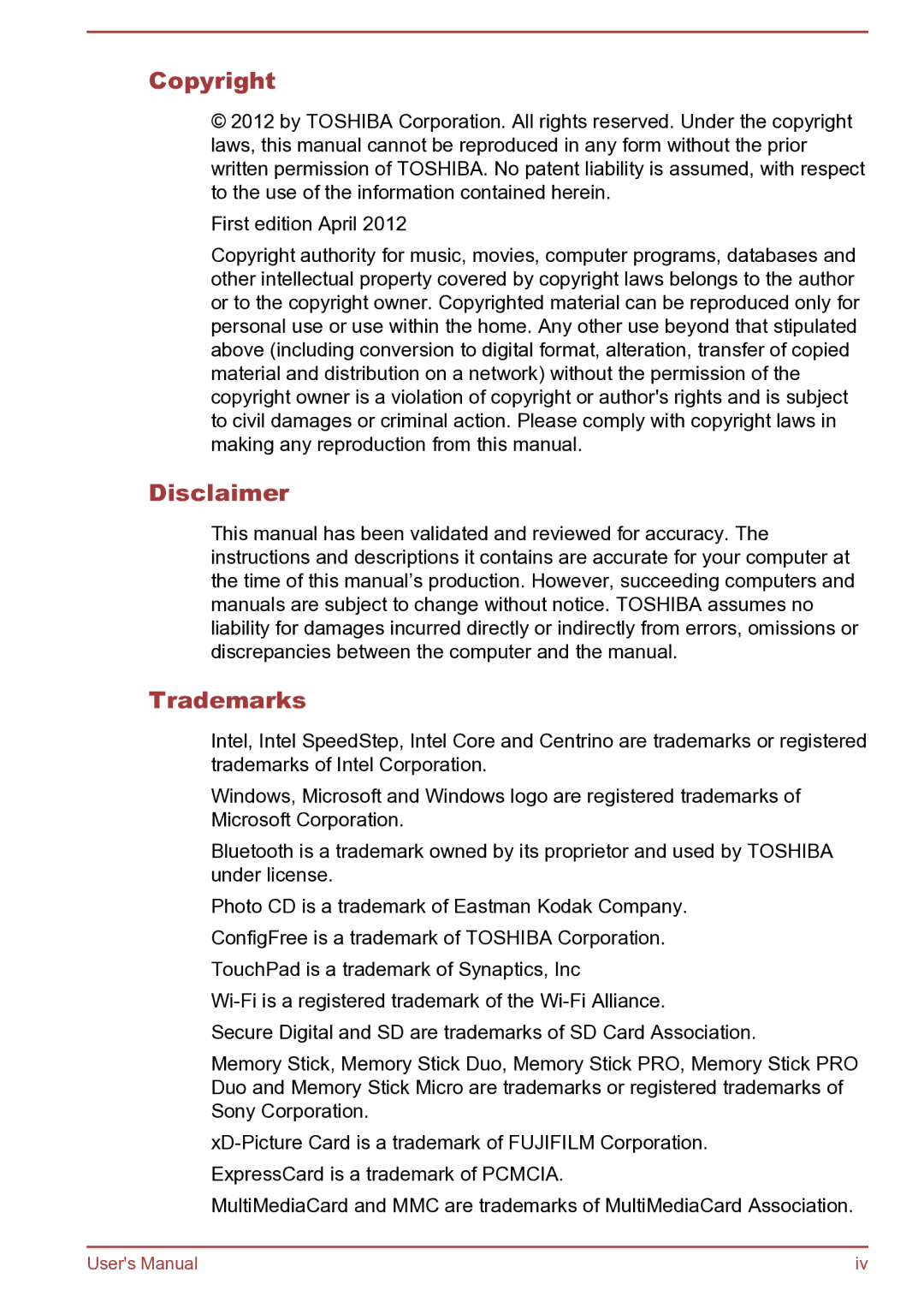 Toshiba Satellite Pro S850 user manual Copyright, Disclaimer, Trademarks 