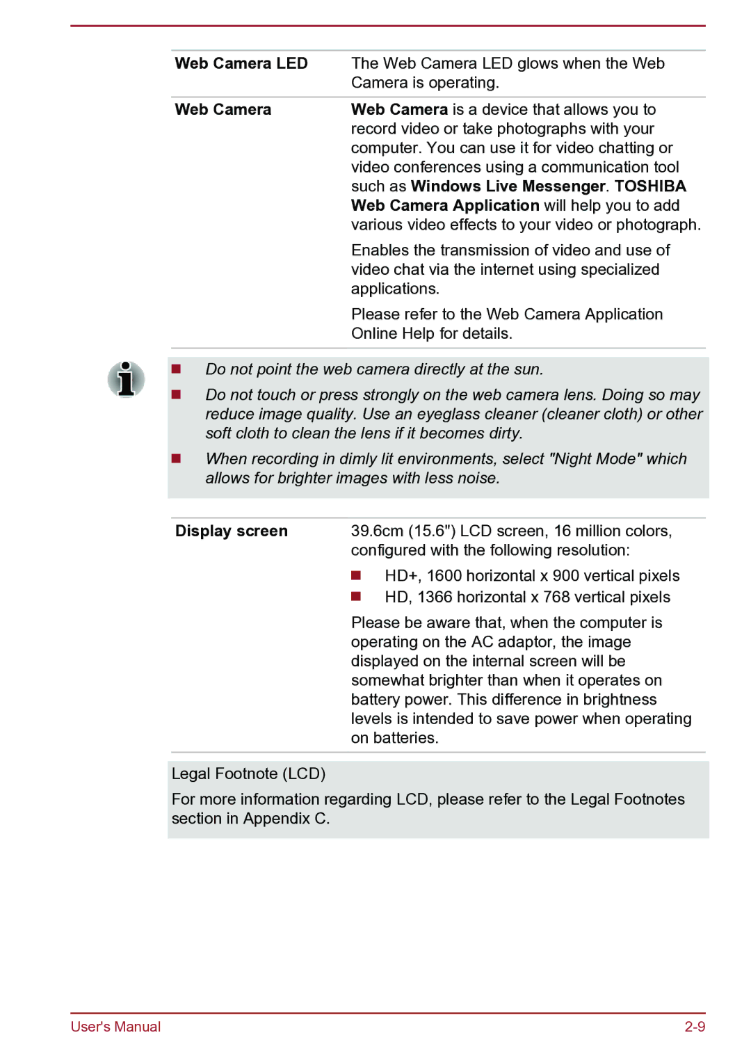 Toshiba Satellite Pro S850 user manual Web Camera LED, Such as Windows Live Messenger. Toshiba, Display screen 