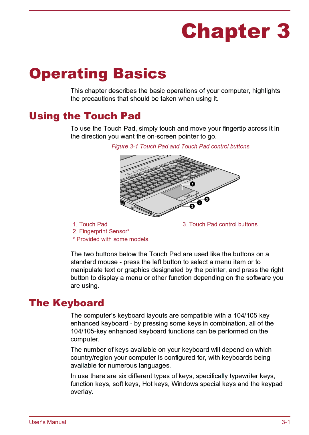 Toshiba Satellite Pro S850 user manual Operating Basics, Using the Touch Pad, Keyboard 