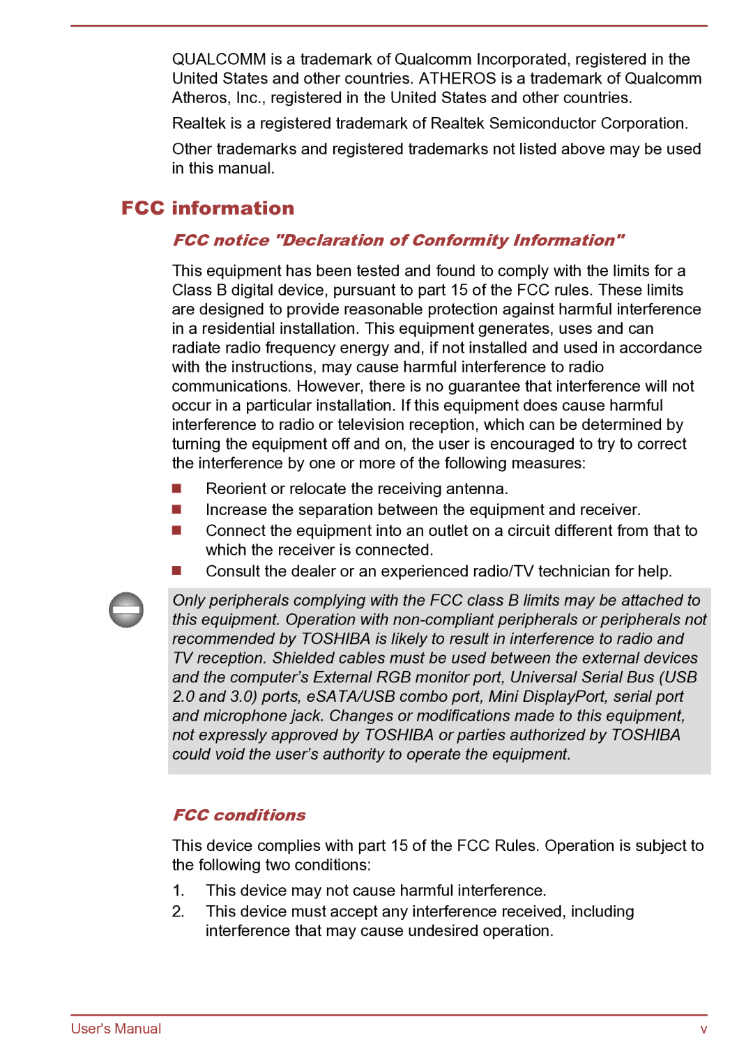 Toshiba Satellite Pro S850 user manual FCC information, FCC notice Declaration of Conformity Information, FCC conditions 