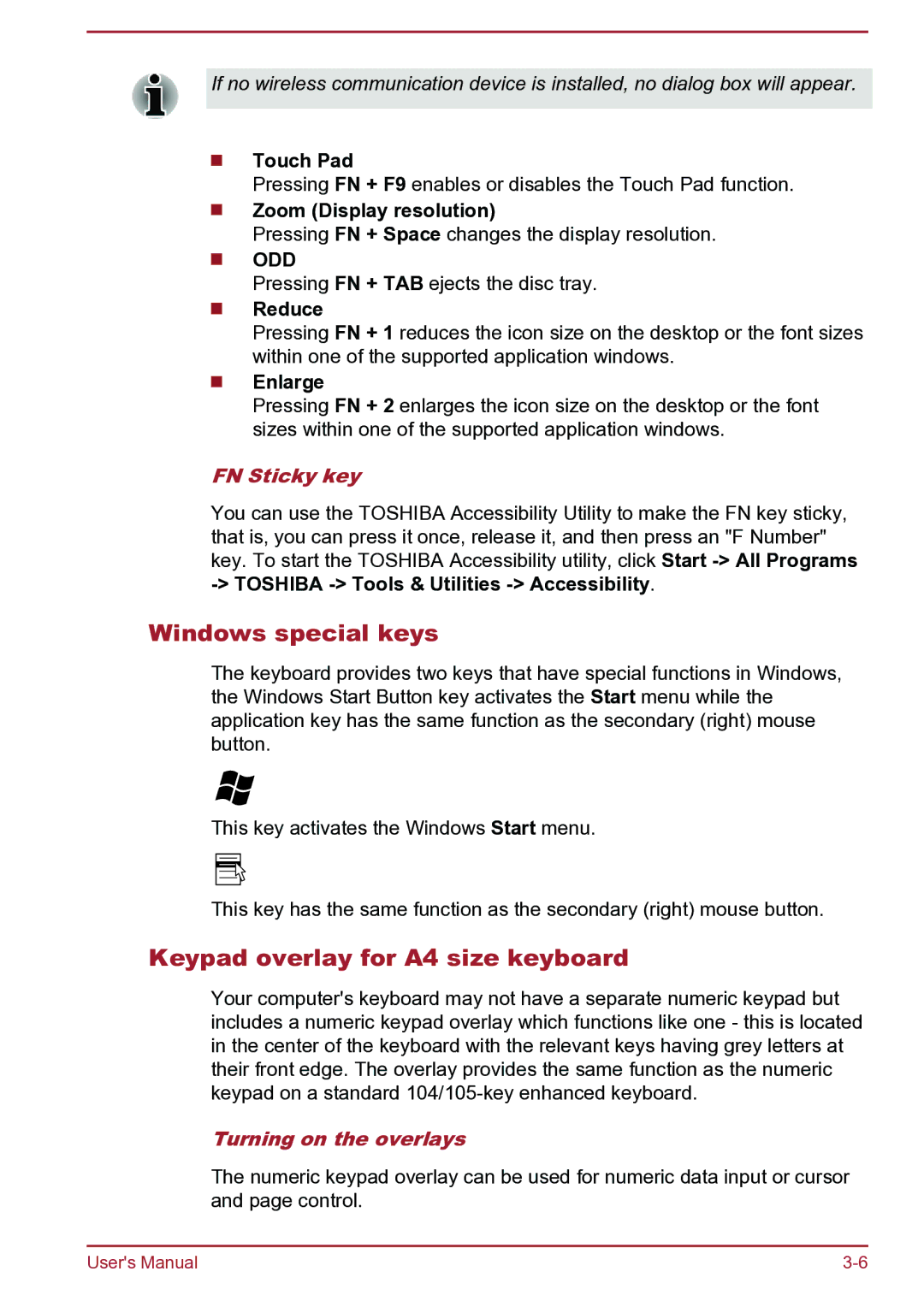 Toshiba Satellite Pro S850 user manual Windows special keys, Keypad overlay for A4 size keyboard, FN Sticky key 