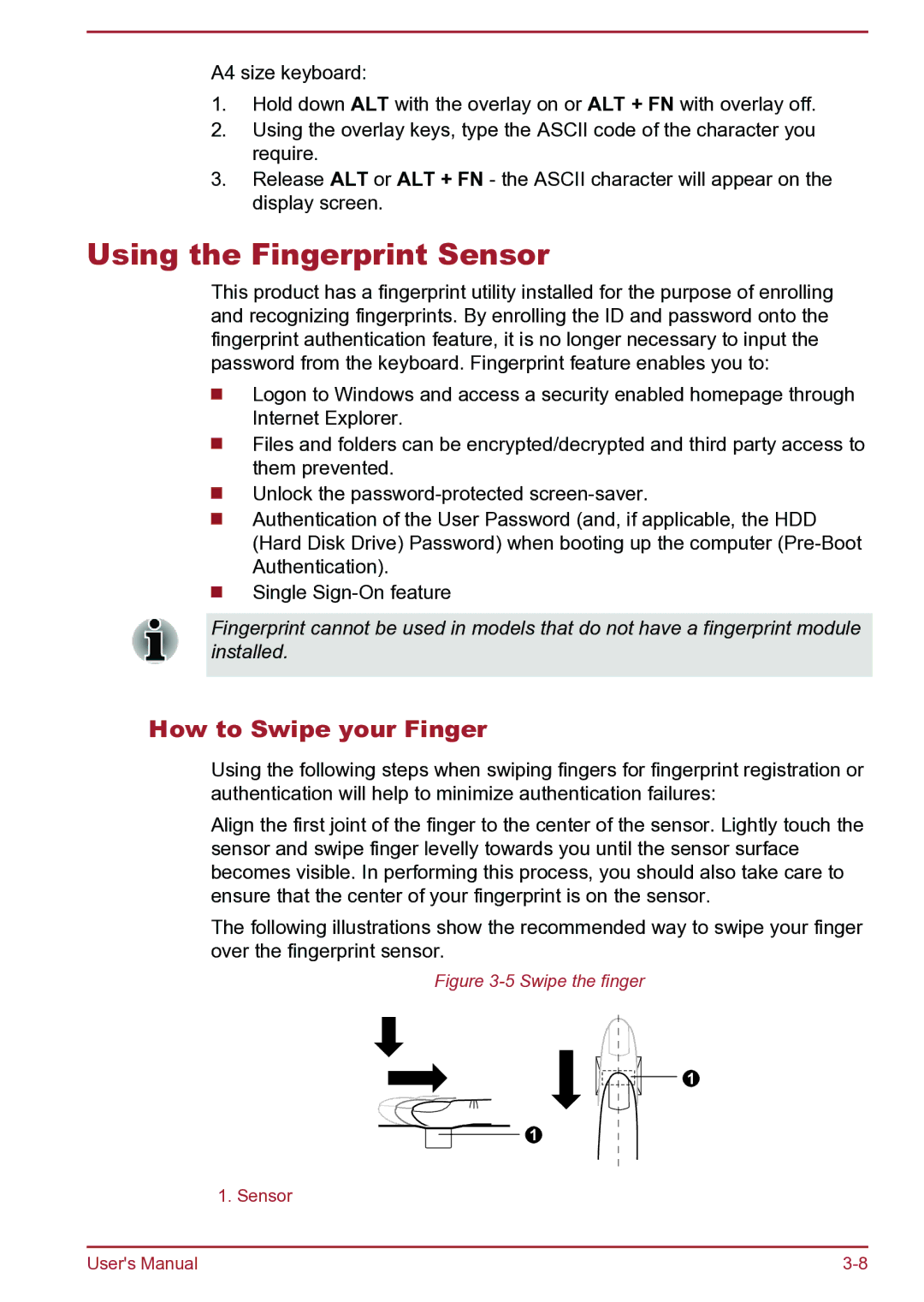 Toshiba Satellite Pro S850 user manual Using the Fingerprint Sensor, How to Swipe your Finger 