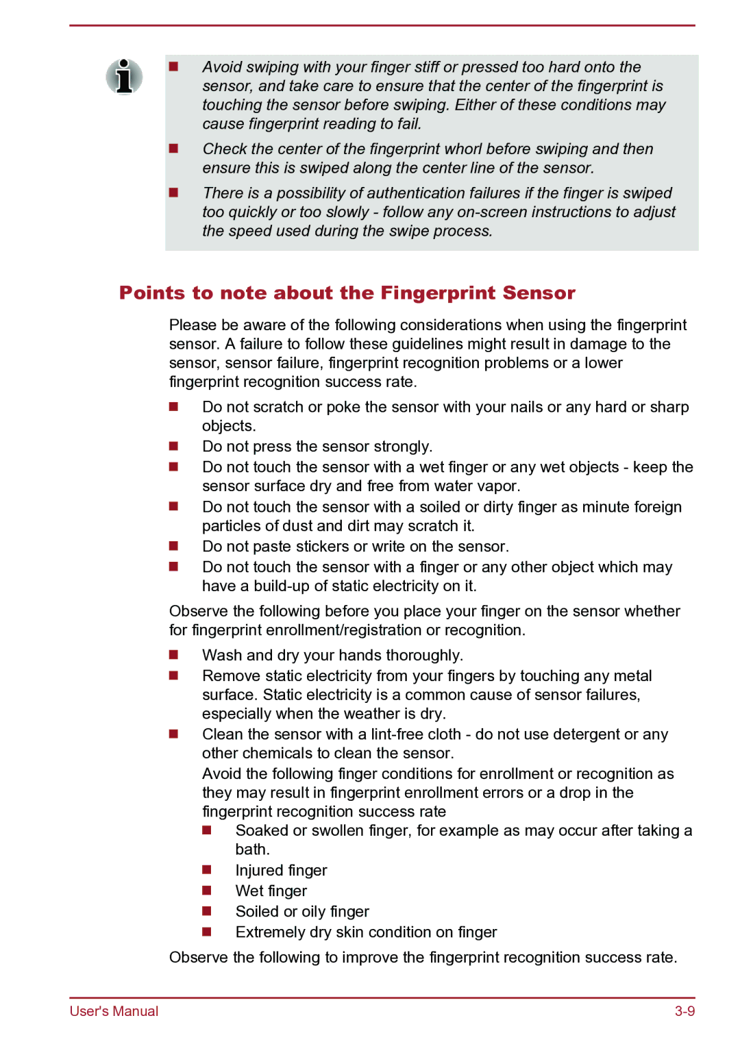 Toshiba Satellite Pro S850 user manual Points to note about the Fingerprint Sensor 