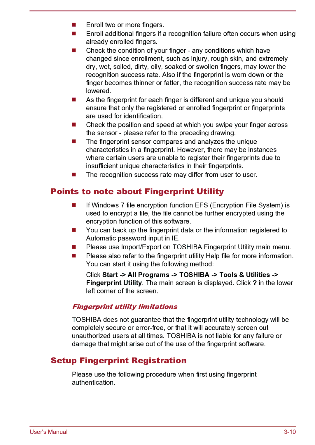 Toshiba Satellite Pro S850 user manual Points to note about Fingerprint Utility, Setup Fingerprint Registration 