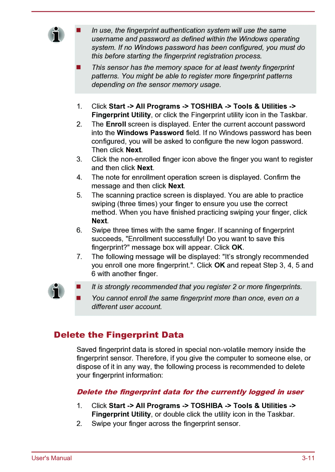 Toshiba Satellite Pro S850 Delete the Fingerprint Data, Delete the fingerprint data for the currently logged in user 