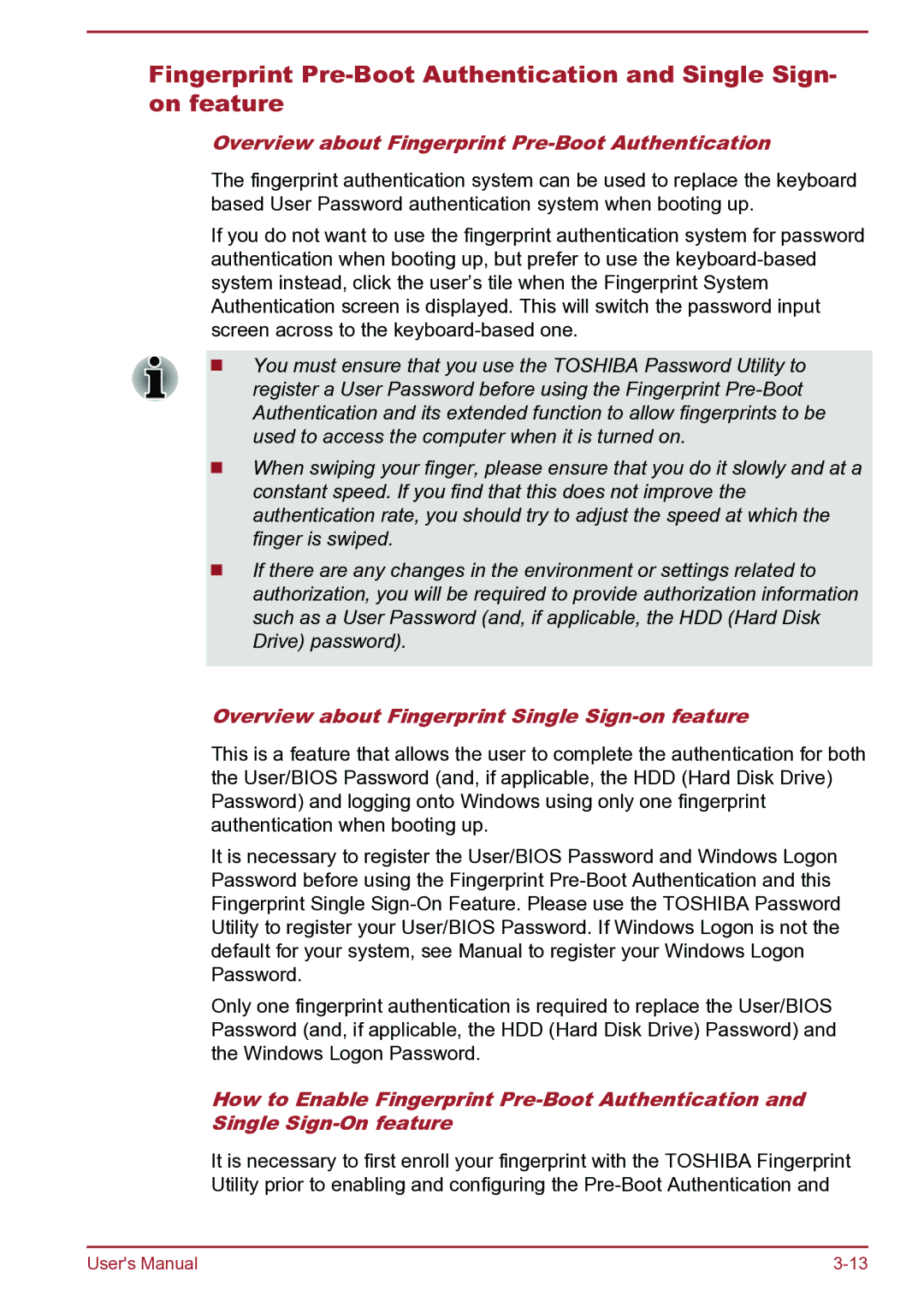 Toshiba Satellite Pro S850 user manual Overview about Fingerprint Pre-Boot Authentication 