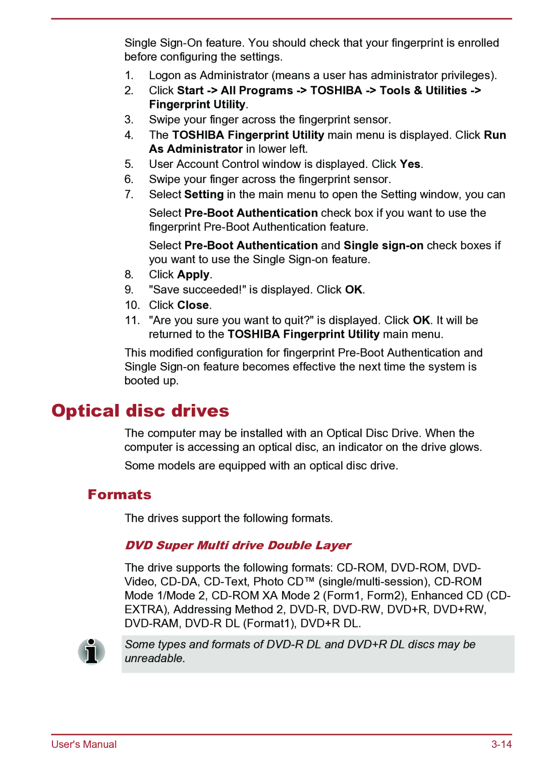 Toshiba Satellite Pro S850 user manual Optical disc drives, Formats, DVD Super Multi drive Double Layer 