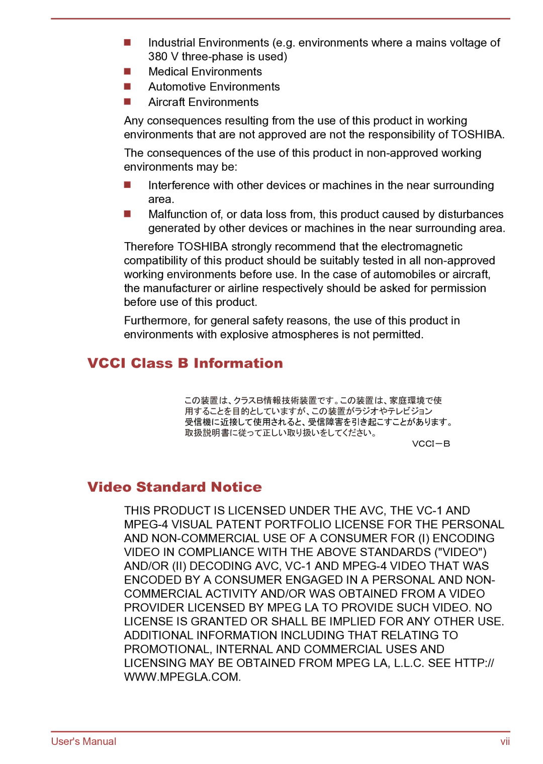 Toshiba Satellite Pro S850 user manual Vcci Class B Information, Video Standard Notice 