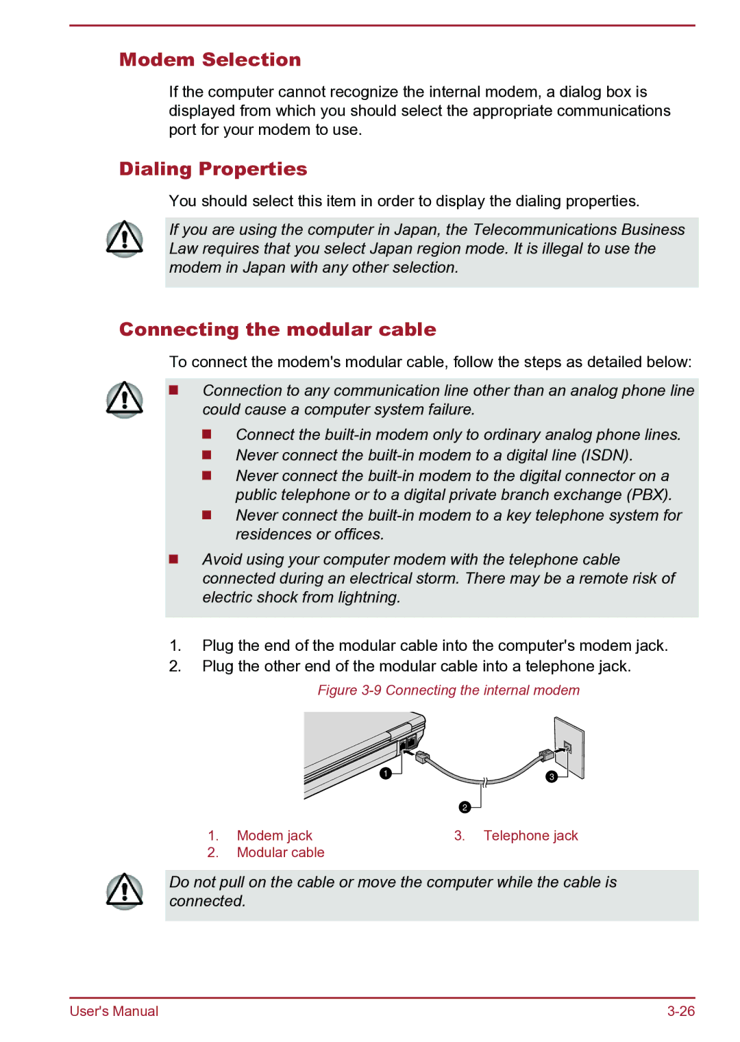 Toshiba Satellite Pro S850 user manual Modem Selection, Dialing Properties, Connecting the modular cable 