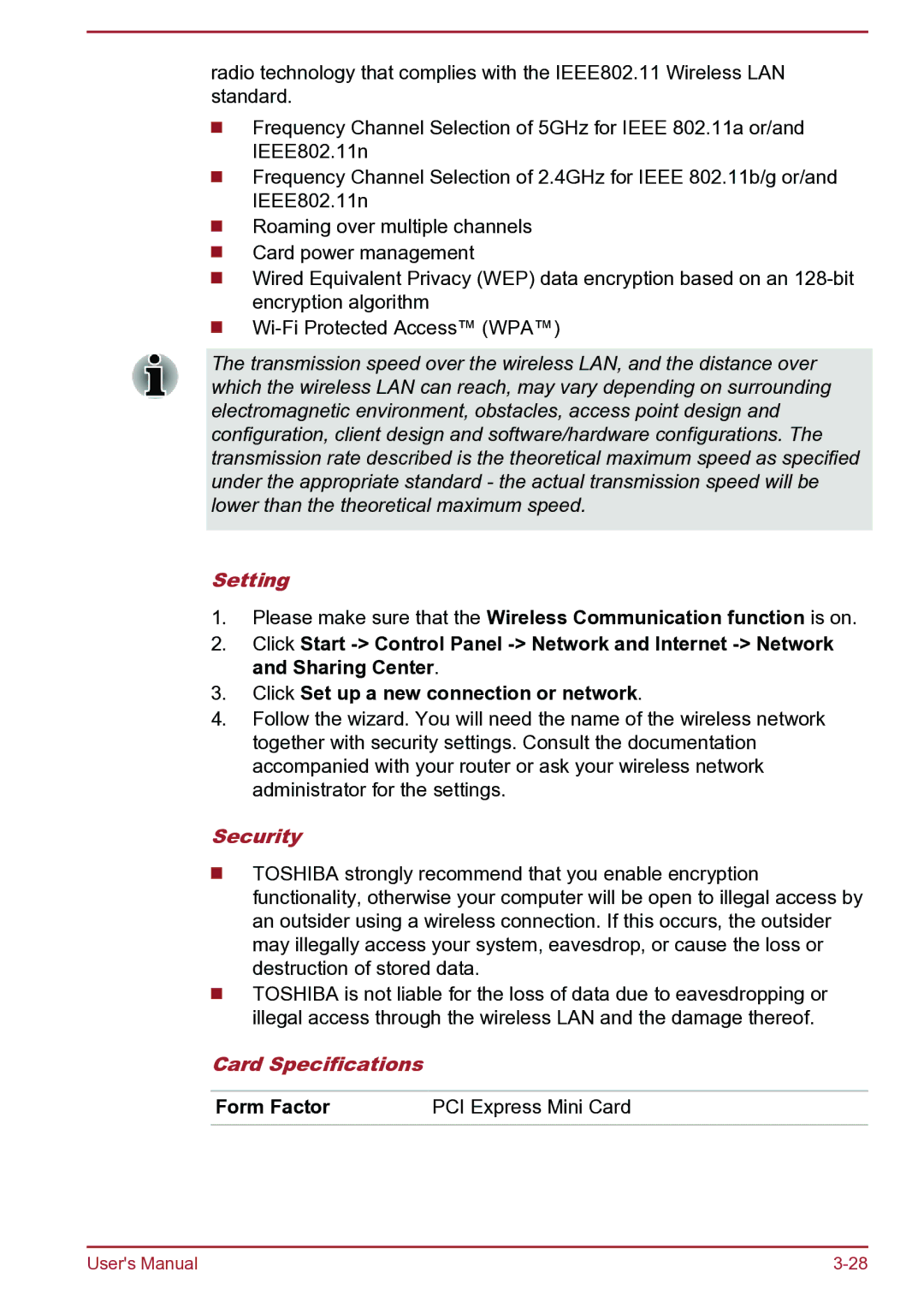 Toshiba Satellite Pro S850 user manual Setting, Security, Card Specifications, Form Factor PCI Express Mini Card 