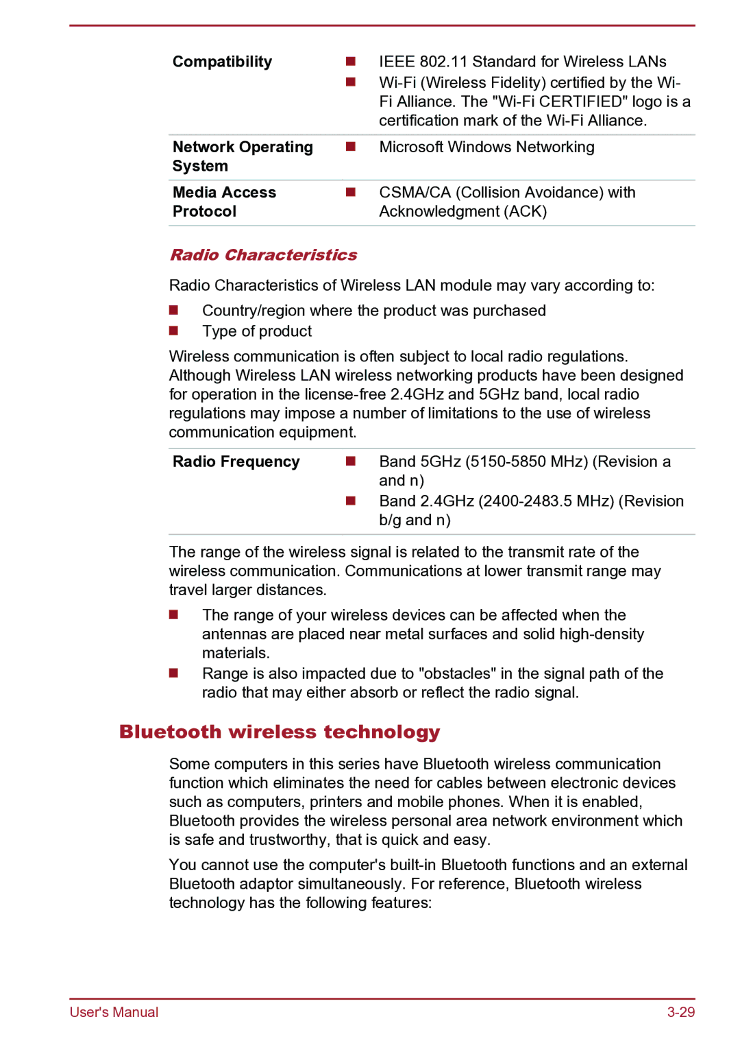 Toshiba Satellite Pro S850 user manual Bluetooth wireless technology, Radio Characteristics 