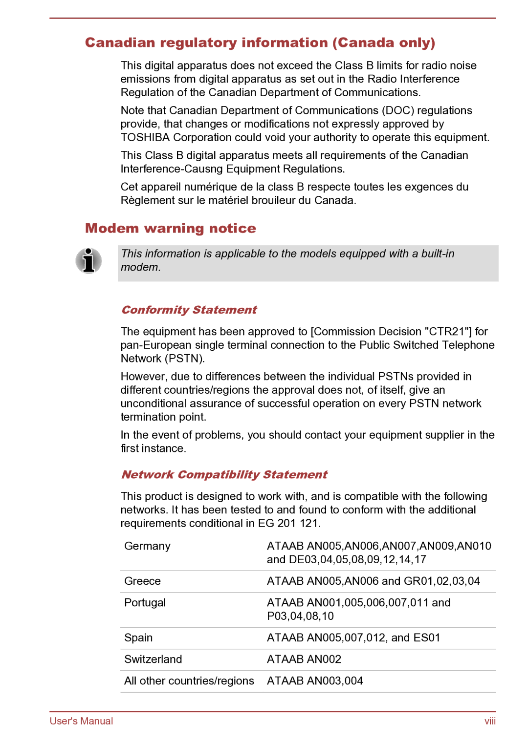 Toshiba Satellite Pro S850 Canadian regulatory information Canada only, Modem warning notice, Conformity Statement 