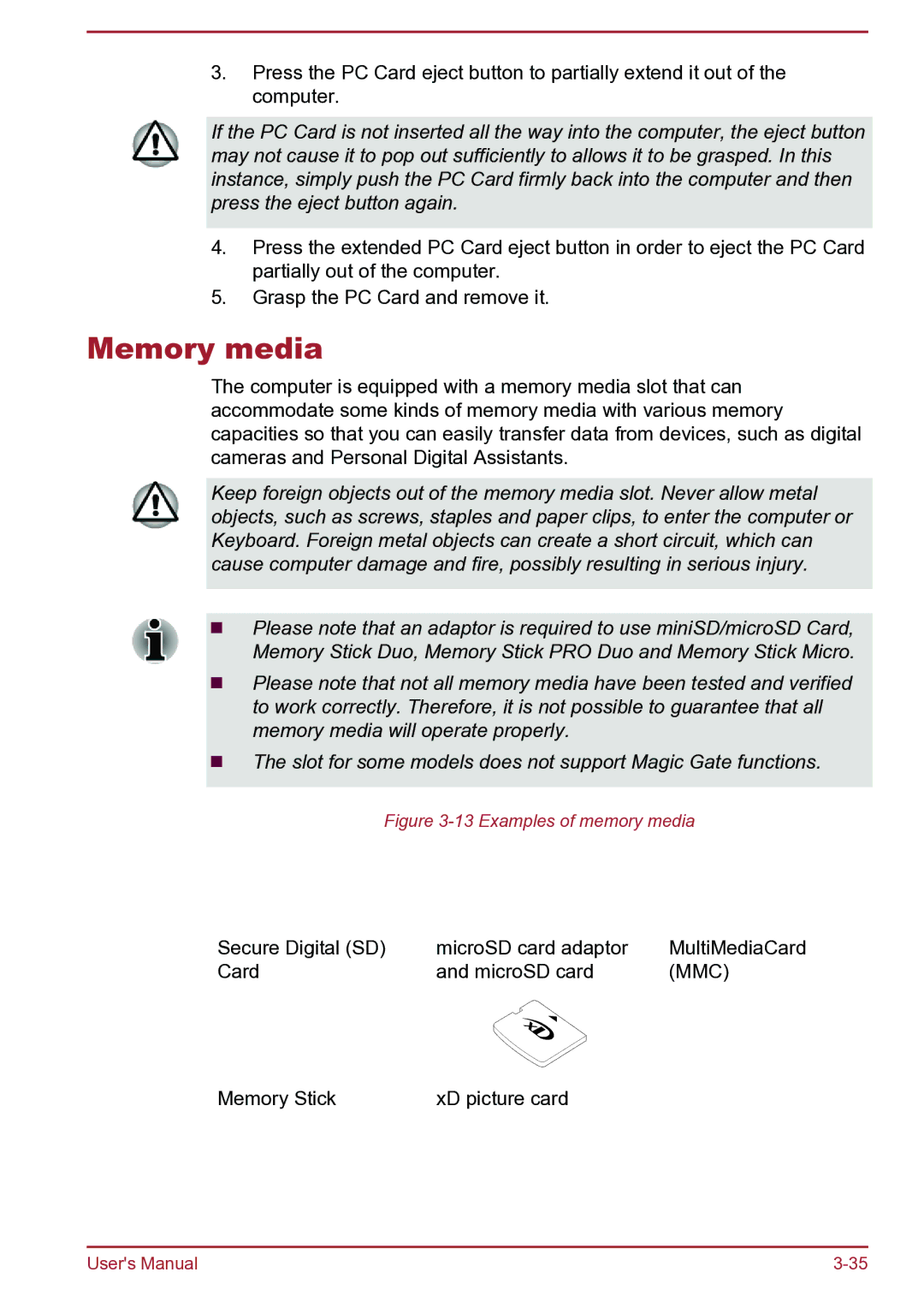 Toshiba Satellite Pro S850 user manual Memory media, Examples of memory media 