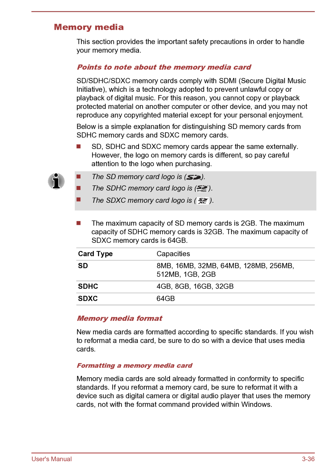 Toshiba Satellite Pro S850 user manual Points to note about the memory media card, Card Type, Memory media format 