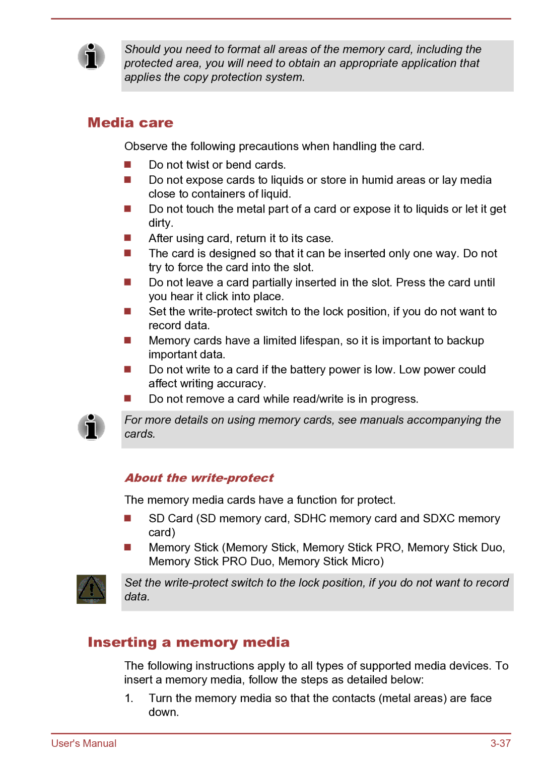 Toshiba Satellite Pro S850 user manual Media care, Inserting a memory media, About the write-protect 