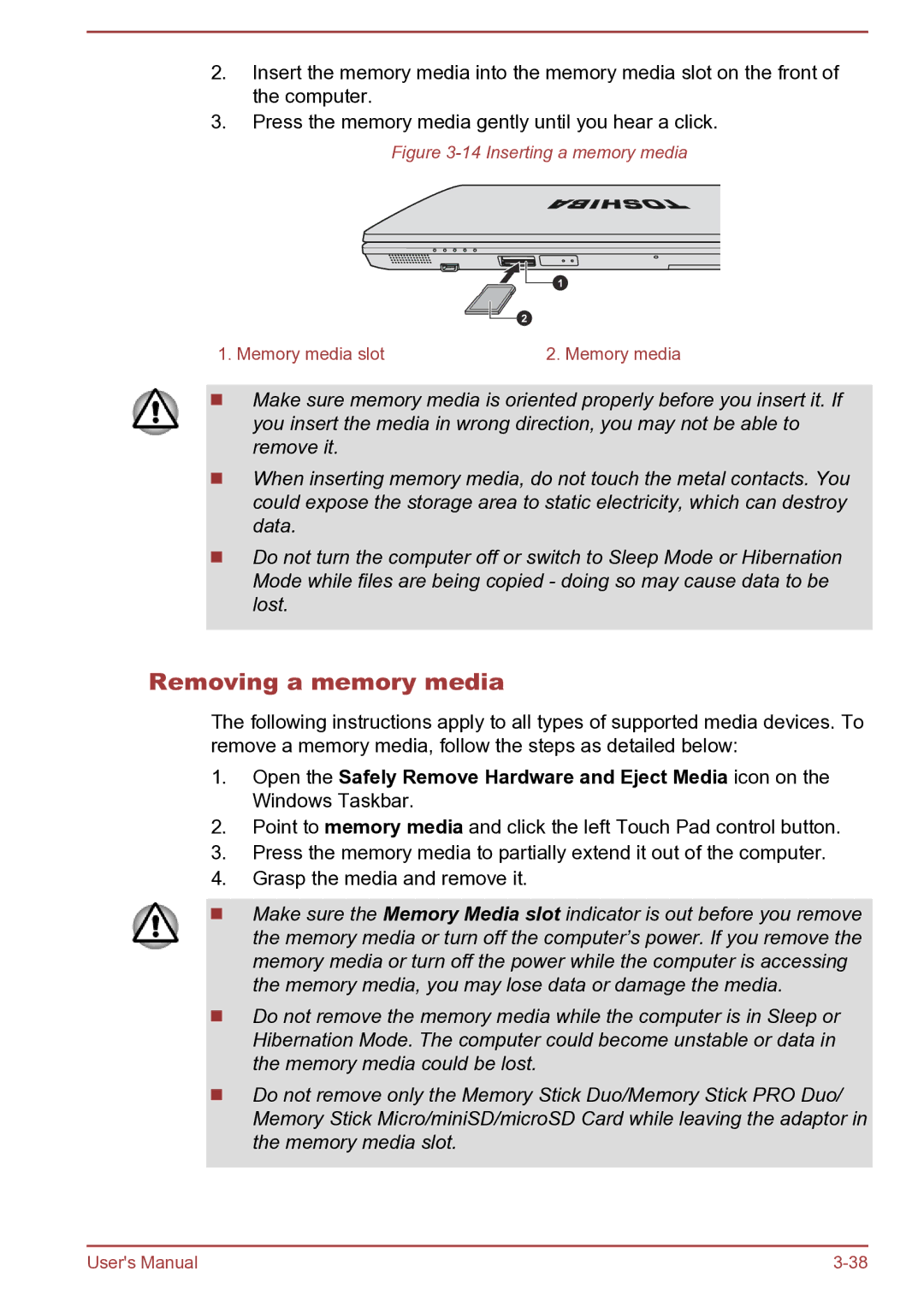 Toshiba Satellite Pro S850 user manual Removing a memory media, Inserting a memory media 