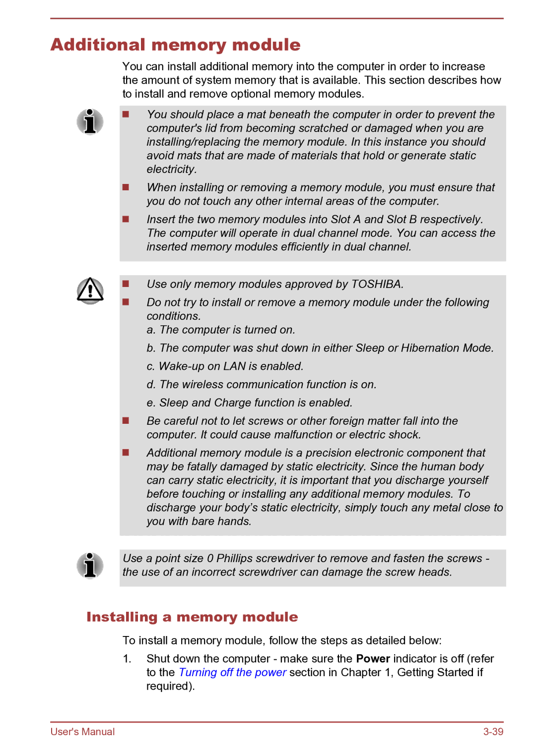 Toshiba Satellite Pro S850 user manual Additional memory module, Installing a memory module 