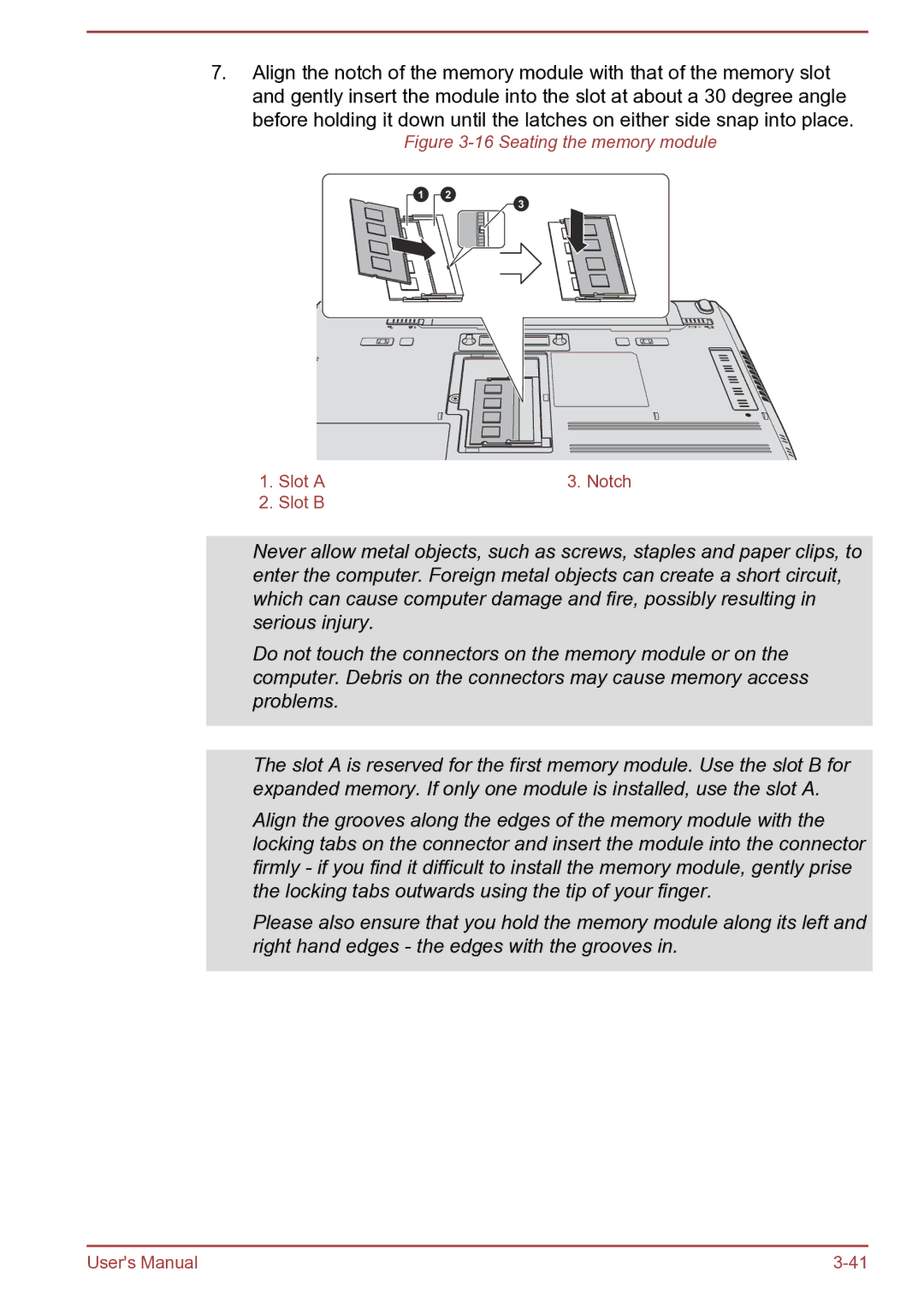 Toshiba Satellite Pro S850 user manual Seating the memory module 