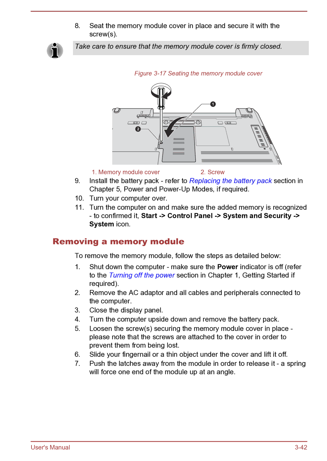 Toshiba Satellite Pro S850 user manual Removing a memory module, Seating the memory module cover 