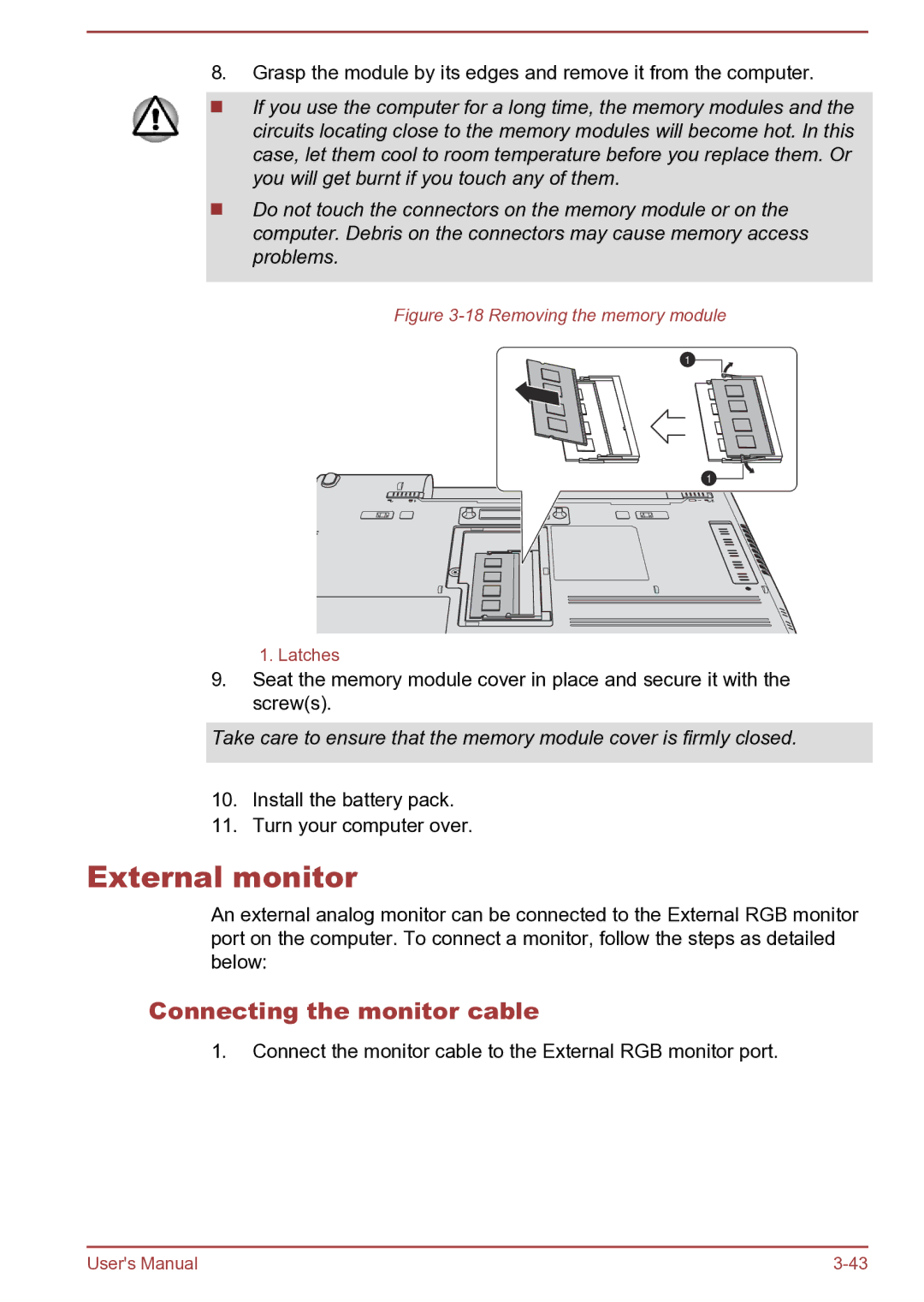 Toshiba Satellite Pro S850 user manual External monitor, Connecting the monitor cable 