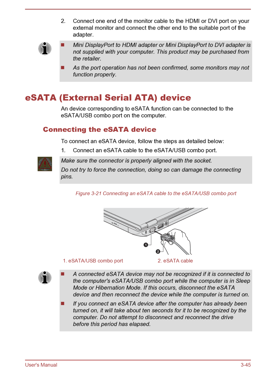 Toshiba Satellite Pro S850 user manual ESATA External Serial ATA device, Connecting the eSATA device 