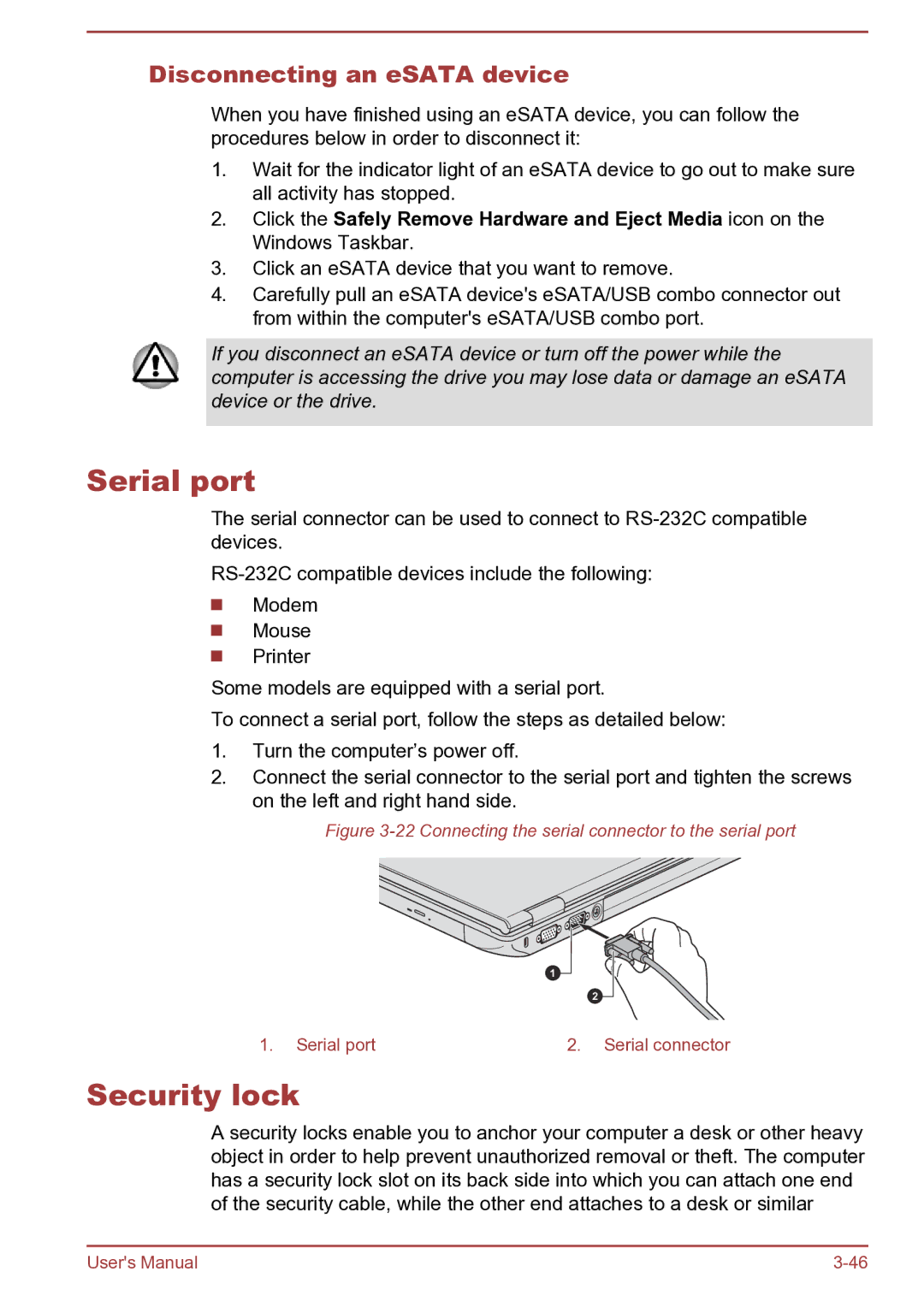 Toshiba Satellite Pro S850 user manual Serial port, Security lock, Disconnecting an eSATA device 