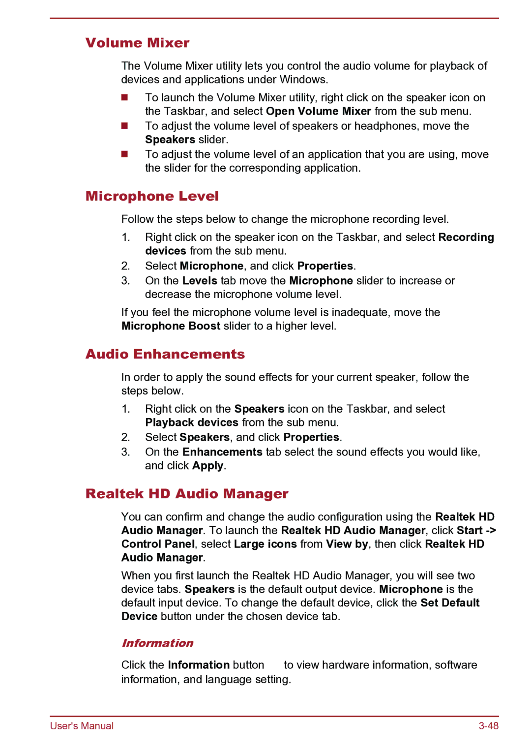 Toshiba Satellite Pro S850 Volume Mixer, Microphone Level, Audio Enhancements, Realtek HD Audio Manager, Information 