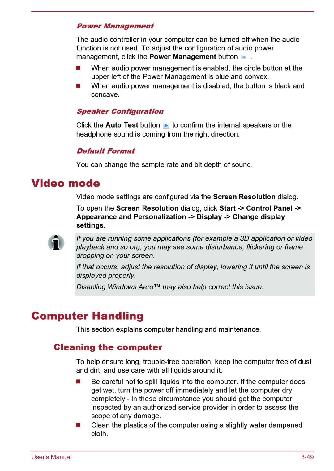 Toshiba Satellite Pro S850 user manual Video mode, Computer Handling, Cleaning the computer 