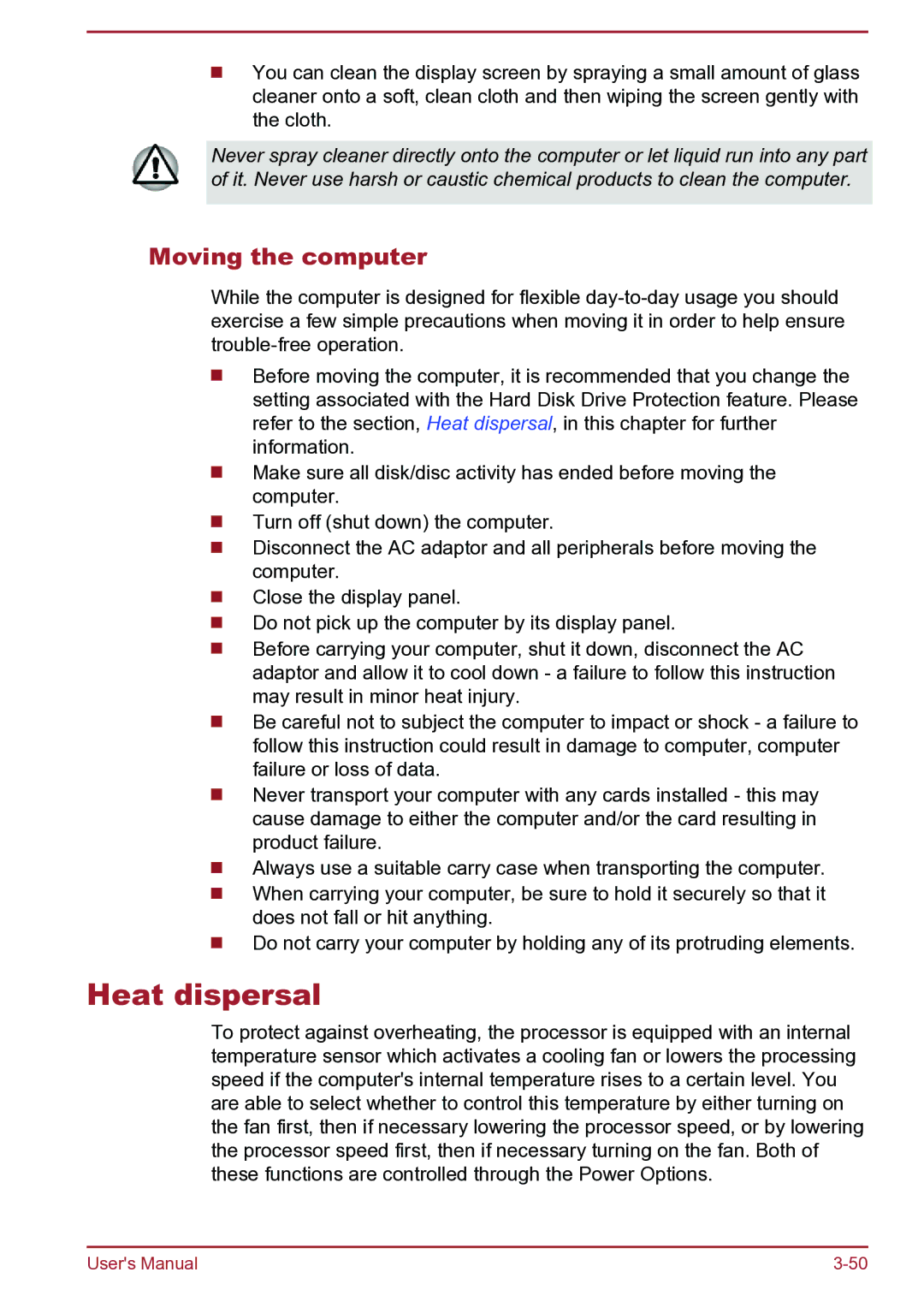 Toshiba Satellite Pro S850 user manual Heat dispersal, Moving the computer 