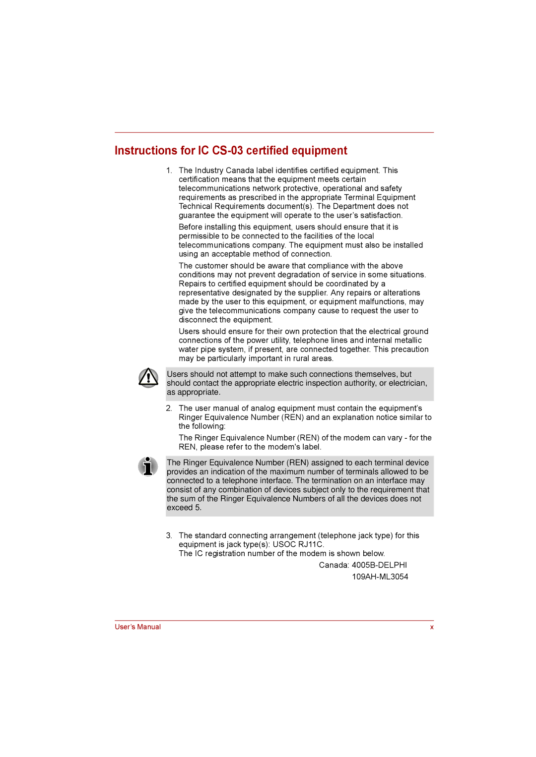 Toshiba satellite pro user manual Instructions for IC CS-03 certified equipment 