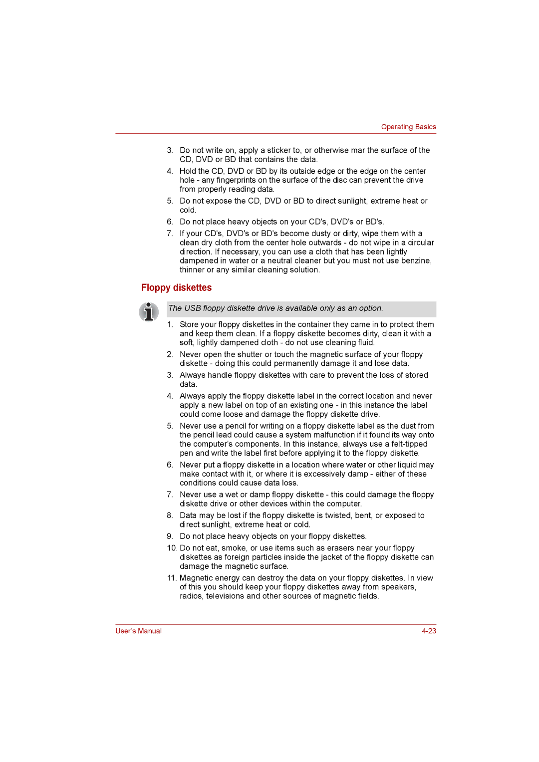 Toshiba satellite pro user manual Floppy diskettes, USB floppy diskette drive is available only as an option 