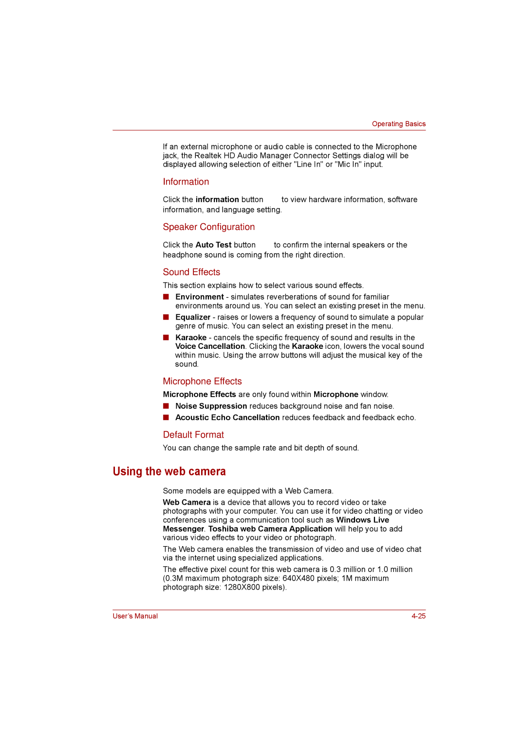 Toshiba satellite pro user manual Using the web camera 