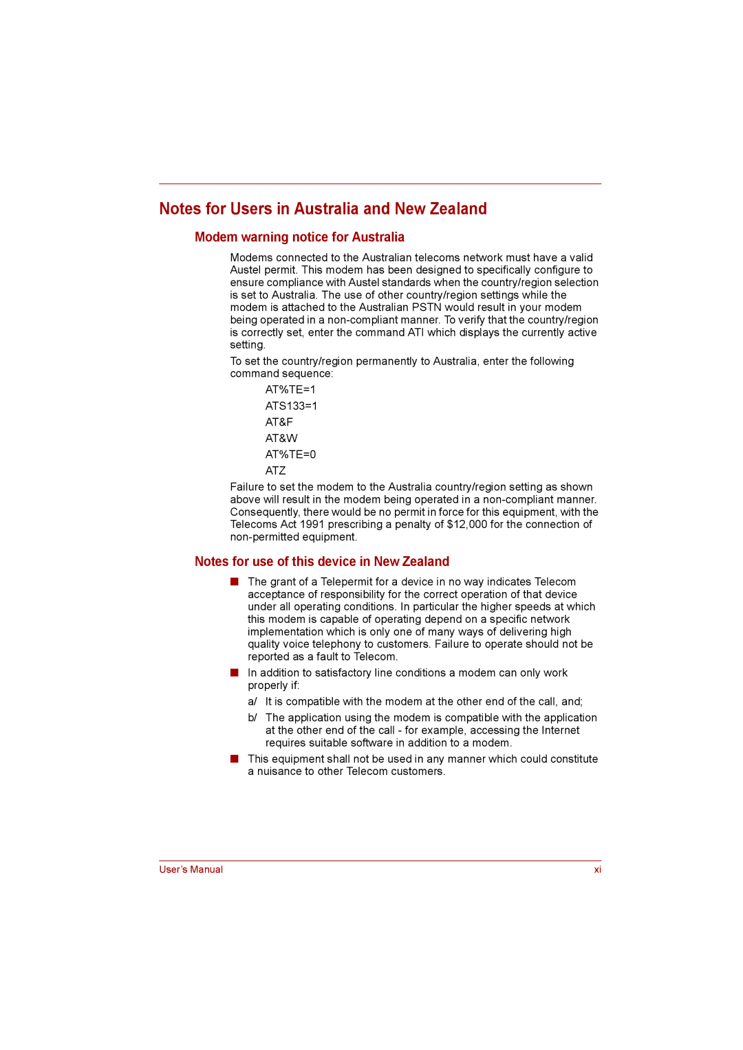 Toshiba satellite pro user manual Modem warning notice for Australia, AT&F AT&W AT%TE=0 ATZ 