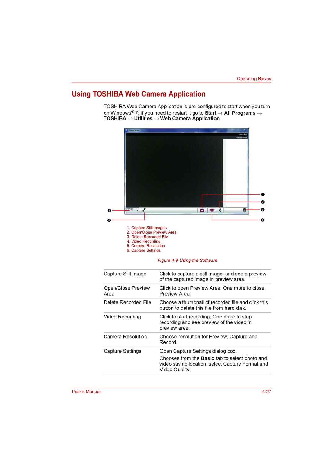 Toshiba satellite pro user manual Using Toshiba Web Camera Application, Using the Software 