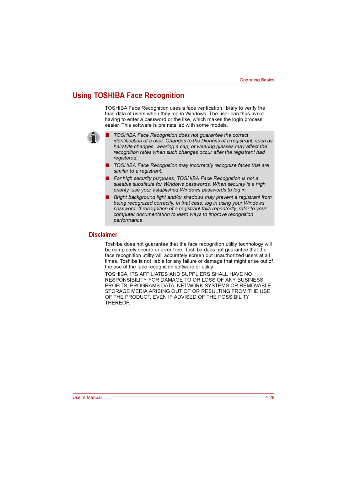 Toshiba satellite pro user manual Using Toshiba Face Recognition, Disclaimer 