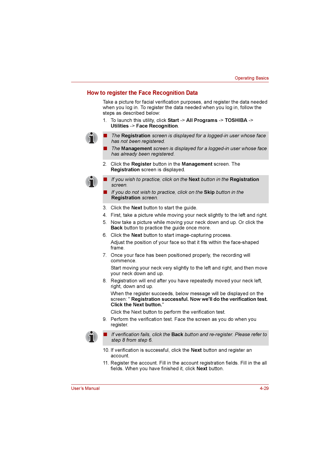 Toshiba satellite pro user manual How to register the Face Recognition Data 