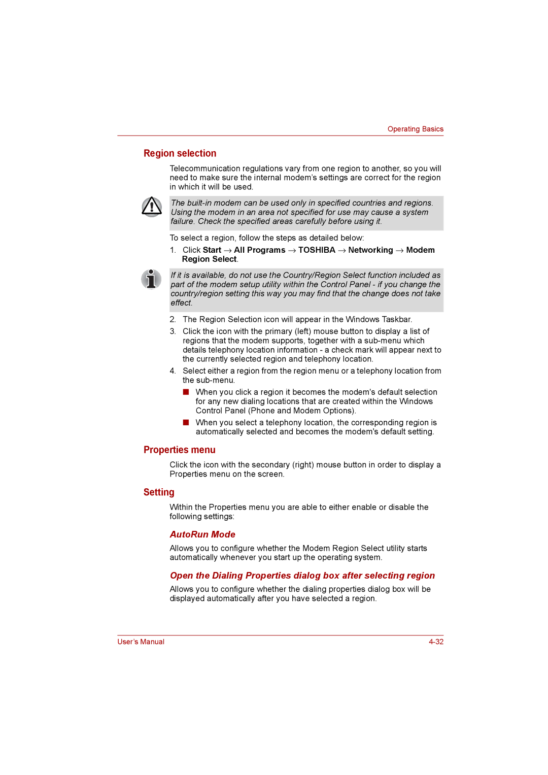 Toshiba satellite pro user manual Properties menu, Setting 