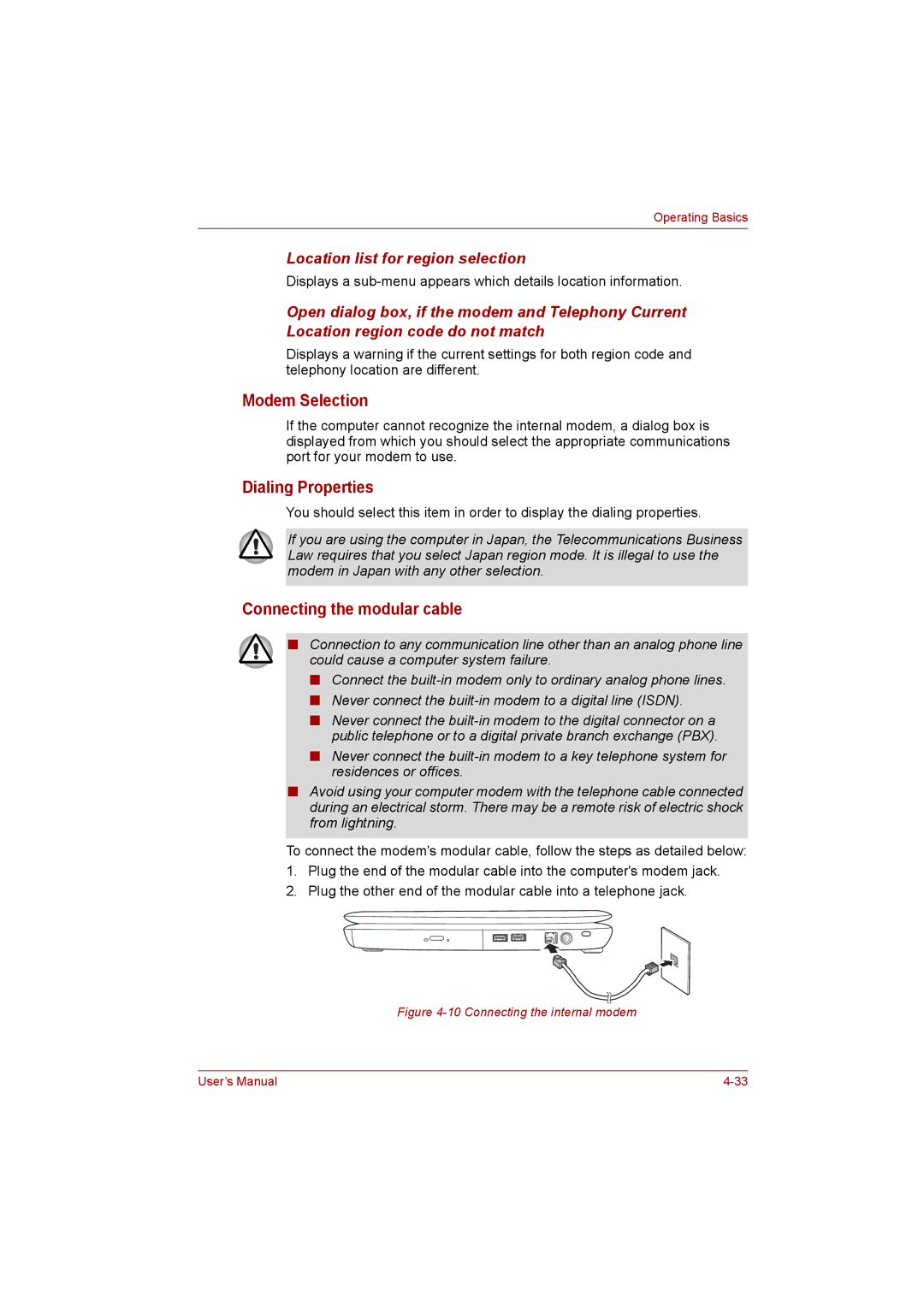 Toshiba satellite pro user manual Modem Selection, Dialing Properties, Connecting the modular cable 