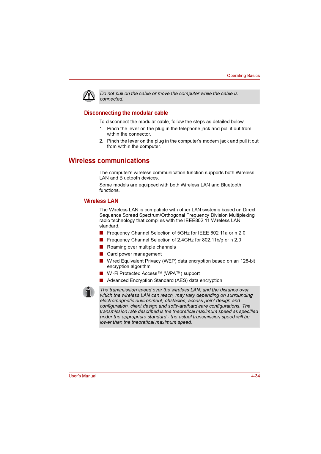 Toshiba satellite pro user manual Wireless communications, Disconnecting the modular cable, Wireless LAN 