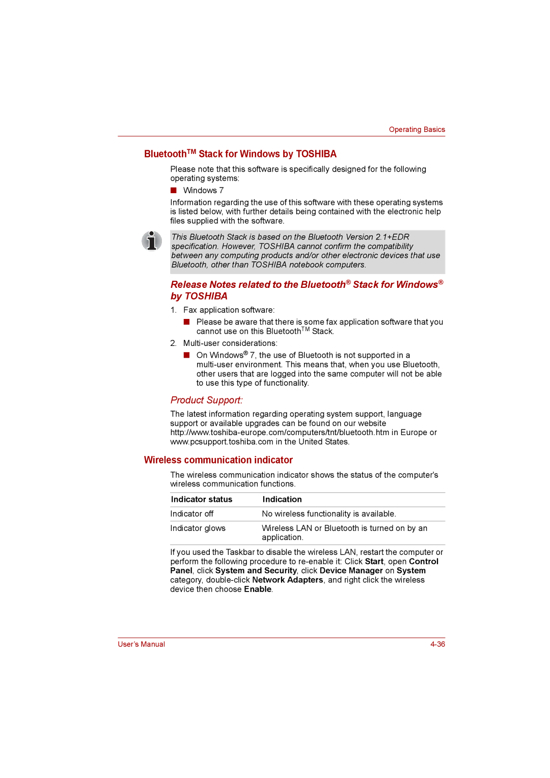 Toshiba satellite pro user manual BluetoothTM Stack for Windows by Toshiba, Wireless communication indicator 